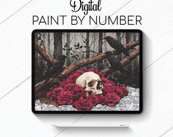 Skull and Roses - Gothic - Paint By Number for Procreate - Color By Numbers Digital Kit - Brain Yoga