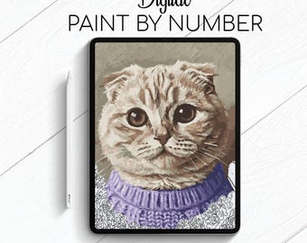 Scottish Cat in Sweater - Cat - Paint By Number for Procreate - Color By Numbers Digital Kit - Brain Yoga