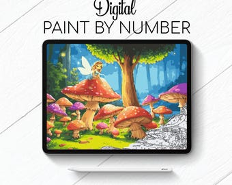Könnte beinhalten: Digitales Malen nach Zahlen Bild auf einem Tablet-Bildschirm. Das Bild zeigt eine Fee, die auf einem Pilz in einer Waldlandschaft sitzt. Das Bild ist farbig und hat einen verspielten Charakter.
