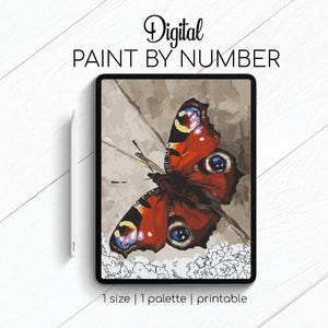 May include: Digital paint by number image of a red, black, and blue butterfly on a white background. The text "Digital Paint By Number" is at the top of the image.