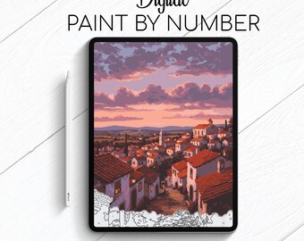 Könnte beinhalten: Ein digitales Malen-nach-Zahlen-Bild auf einem Tablet, das einen Sonnenuntergang über einem europäischen Dorf mit roten Ziegeldächern und weißen Gebäuden zeigt. Der Himmel ist mit rosa und lila Wolken gefüllt. Ein weißer Stift liegt neben dem Tablet.