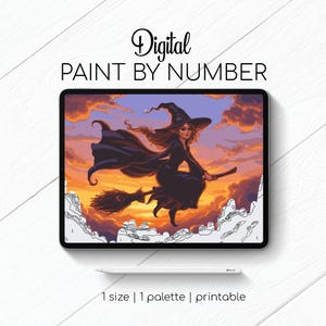 May include: Digital paint by number kit showing a witch on a broomstick against a sunset sky. The image is on a tablet with the text "Digital Paint by Number". Includes a stylus and the text "1 size | 1 palette | printable".