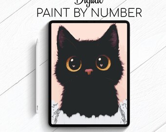 Cute Black Kitten - Paint By Number for Procreate - Color By Numbers Digital Kit - Brain Yoga