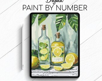 May include: Digital paint by number image on a tablet screen. The image shows two glass bottles with lemons and lime slices inside. The bottles are on a table with green leaves in the background.