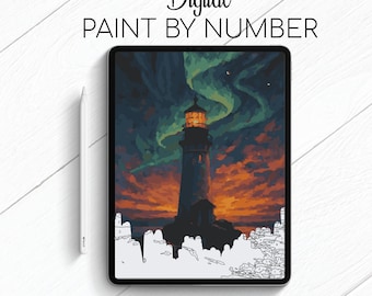 Northern Lighthouse - Landscape - Paint By Number for Procreate - Color By Numbers Digital Kit - Brain Yoga