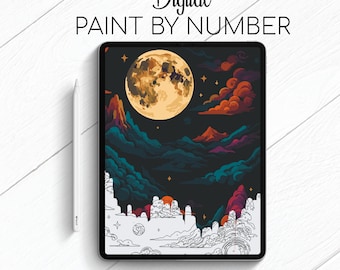 Moon Sky - Landscape - Paint By Number for Procreate - Color By Numbers Digital Kit - Brain Yoga