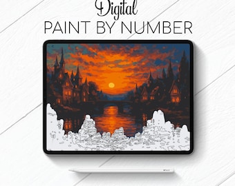 Pueblo de cuento de hadas - Paisaje - Pintar por números para Procreate - Kit digital para colorear por números - Yoga mental