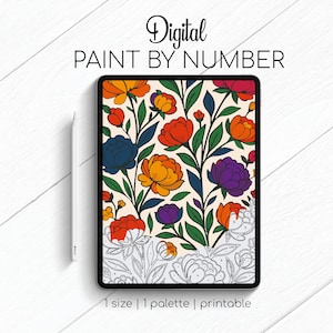 May include: A digital paint-by-number design displayed on a tablet. The floral pattern features orange, yellow, purple, and blue flowers with green leaves. The text "Digital PAINT BY NUMBER" is at the top.