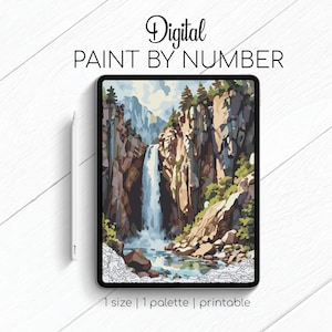 May include: Digital paint by number image of a waterfall cascading down a rocky cliffside. The image is displayed on a tablet screen with a white stylus next to it. The text "Digital Paint By Number" is at the top of the image.