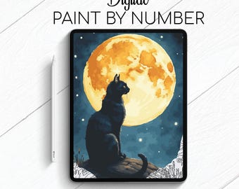 Cat and the Moon - Cat - Paint By Number for Procreate - Color By Numbers Digital Kit - Brain Yoga