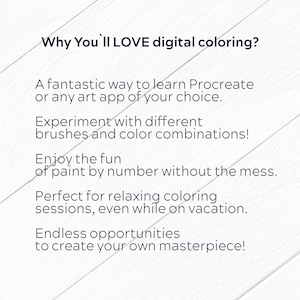 Puede incluir: Fondo blanco con texto: "Why You'll LOVE digital coloring?" y vi&ntilde;etas: aprender Procreate, experimentar con pinceles, disfrutar de pintar por n&uacute;meros, sesiones de coloreado relajantes y crear una obra maestra.