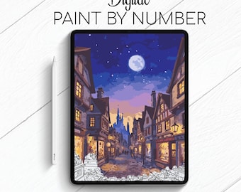 Magic Fantasy Town - Fantasy Landscape - Paint By Number for Procreate - Color By Numbers Digital Kit - Brain Yoga
