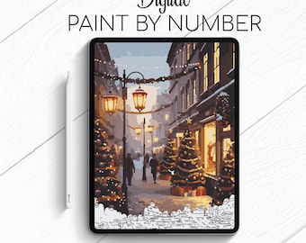 May include: Digital paint by number image on a tablet. The artwork depicts a winter street scene with Christmas trees, street lamps, and buildings. The text on the image reads "Digital Paint by Number" and "1 size | 1 palette | printable". A white stylus is next to the tablet.
