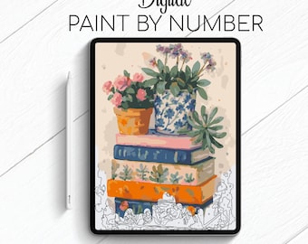 Pila de libros y plantas - Pintar por números para Procreate - Kit digital para colorear por números - Yoga cerebral