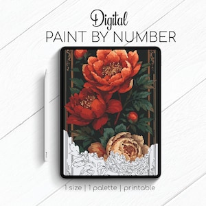 Beautiful Red Peonies - Paint By Number for Procreate - Color By Numbers Digital Kit - Brain Yoga