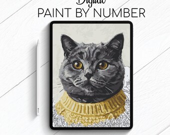 British Cat in Sweater - Cat - Paint By Number for Procreate - Color By Numbers Digital Kit - Brain Yoga