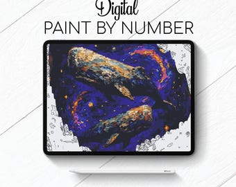 Whales in the Space - Paint By Number for Procreate - Color By Numbers Digital Kit - Brain Yoga