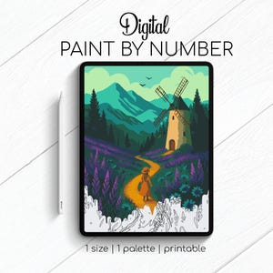 Puede incluir: Kit digital de pintar por números mostrado en una tableta. La imagen muestra un paisaje con un molino de viento, montañas y un camino. La paleta de colores incluye verdes, morados y amarillos. El texto en la imagen dice "Digital Paint by Number" y "1 size | 1 palette | printable."