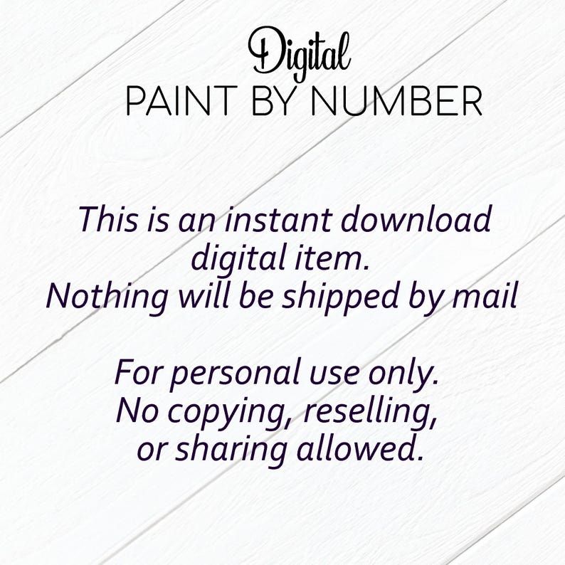 Puede incluir: Fondo blanco con las palabras "Digital Paint by Number" en escritura negra. El texto indica que es una descarga digital instant&aacute;nea, sin env&iacute;o. Solo para uso personal, no se permite copiar, revender ni compartir.