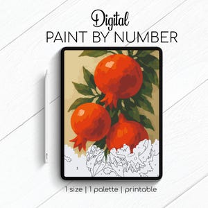 Peut inclure: Kit de peinture numérique par numéros avec une illustration de trois grenades rouges et des feuilles vertes. L'image est affichée sur une tablette avec un stylet blanc. Le texte indique "Digital Paint by Number" et "1 size | 1 palette | printable."