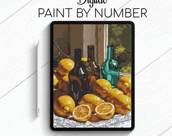 May include: Digital paint by number image of a still life with three bottles and lemons. The bottles are brown and green. The lemons are yellow. The image is on a white background with the text "Digital Paint By Number" at the top.