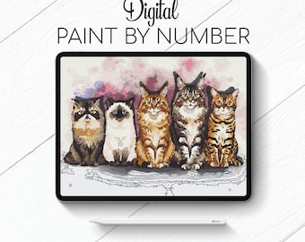 Another Five Cats - Cat - Paint By Number for Procreate - Color By Numbers Digital Kit - Brain Yoga