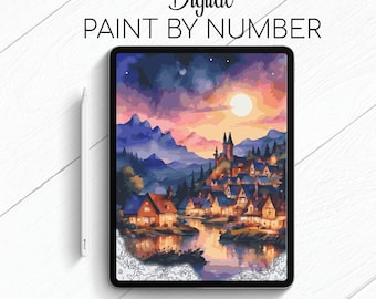 Magic Town - Fantasy Landscape - Paint By Number for Procreate - Color By Numbers Digital Kit - Brain Yoga