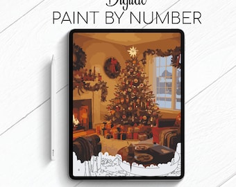May include: Digital paint by number image on a tablet, depicting a cozy Christmas scene. The artwork features a decorated Christmas tree, a fireplace, and wrapped gifts. The text "Digital Paint By Number" is at the top.