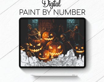 Haloween Creepy Skeletons and Pumpkins - Paint By Number for Procreate - Color By Numbers Digital Kit - Brain Yogaea