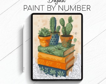 Pila de libros y cactus - Pintar por números para Procreate - Kit digital para colorear por números - Yoga cerebral
