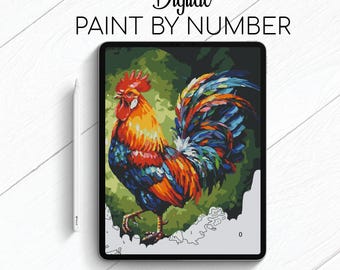 Colorful Rooster - Paint By Number for Procreate - Color By Numbers Digital Kit - Brain Yoga