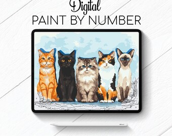 Five Cats - Cat - Paint By Number for Procreate - Color By Numbers Digital Kit - Brain Yoga