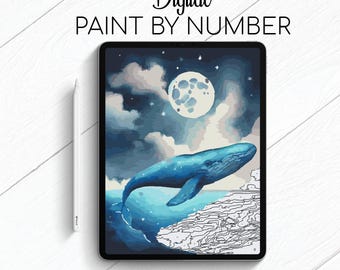 Whale on the Night Sky - Paint By Number for Procreate - Color By Numbers Digital Kit - Brain Yoga