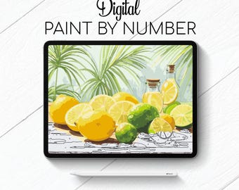 May include: Digital paint by number image of lemons and limes with green palm leaves in the background. The image is on a tablet screen with a white stylus next to it. The text "Digital Paint By Number" is at the top of the image.