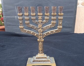 Vintage Hen-Holon Israel Brass Menorah Jerusalem 7 Arms Candle Holder Judiasm