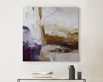 Impressão em tela abstrata roxa | Grande arte de parede roxa sombria | Impressão abstrata moderna em roxo, branco, marrom e prateado | Decoração de interiores roxa | Inundação 3