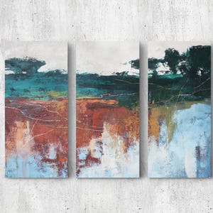 Impresión verde abstracta conjunto de 3 arte de pared naturaleza abstracta / Paisaje abstracto tríptico / Arte de pared de 3 piezas / Bosque del Norte 3 Tríptico