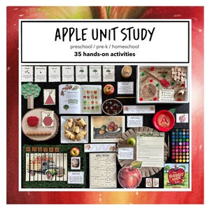 May include: A colorful educational display titled "APPLE UNIT STUDY" with various apple-themed activities. Includes a variety of materials, such as illustrations, cutouts, and a color palette, perfect for preschool and homeschool learning. The display features 35 hands-on activities.