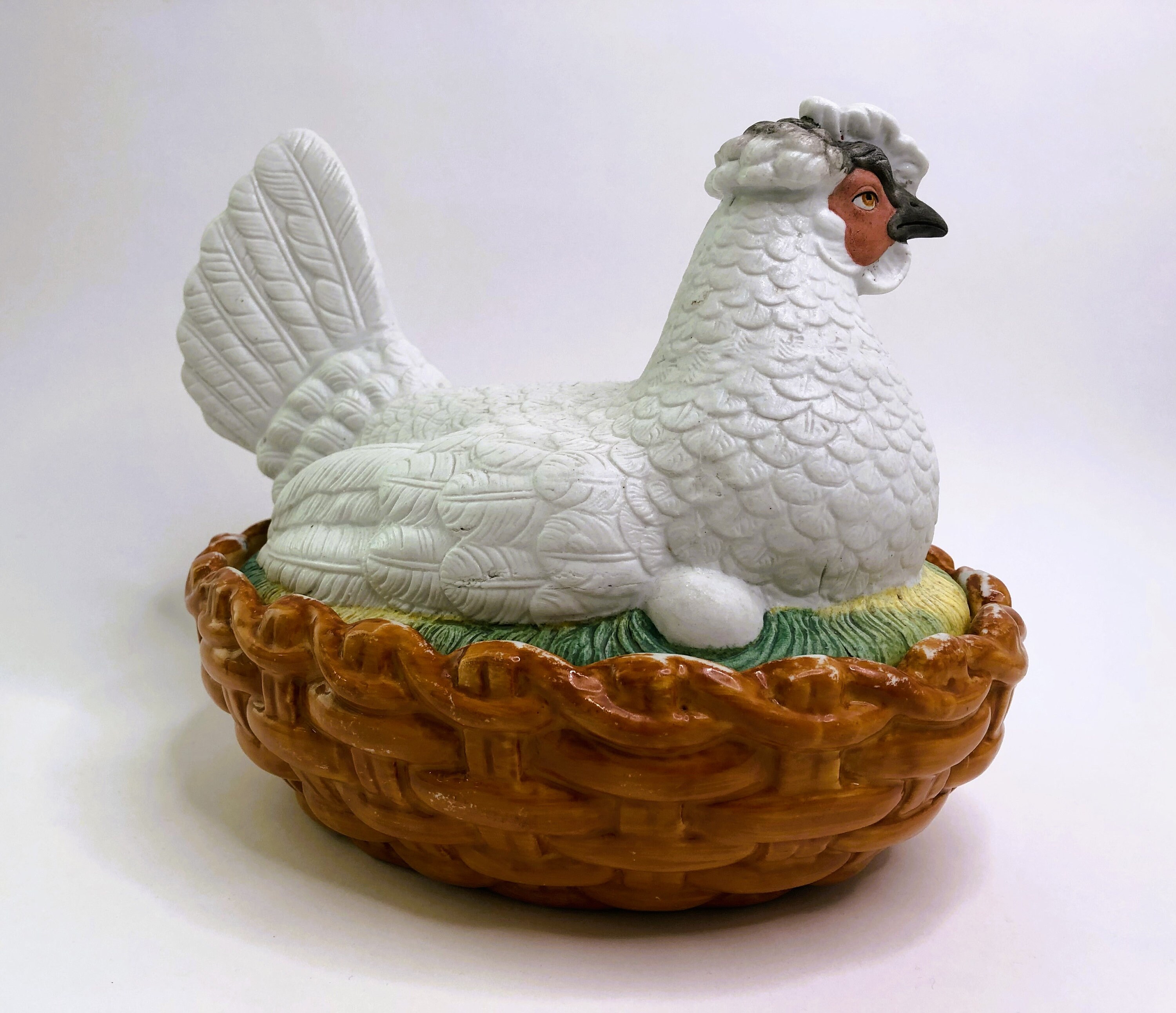 Large Antique, Late Victorian Hen on Nest, Egg Holder, Bisquit Ceramics