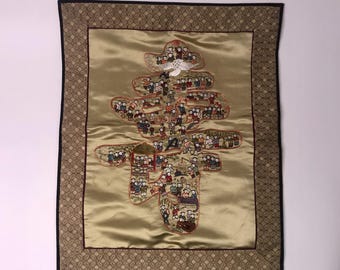 Vintage Chinese Silk Embroidery Panel, 100 Children, Longevity ('Shou') Symbolism, Crane, Peng Zu Myth, 20th Century, 51X42 Cm