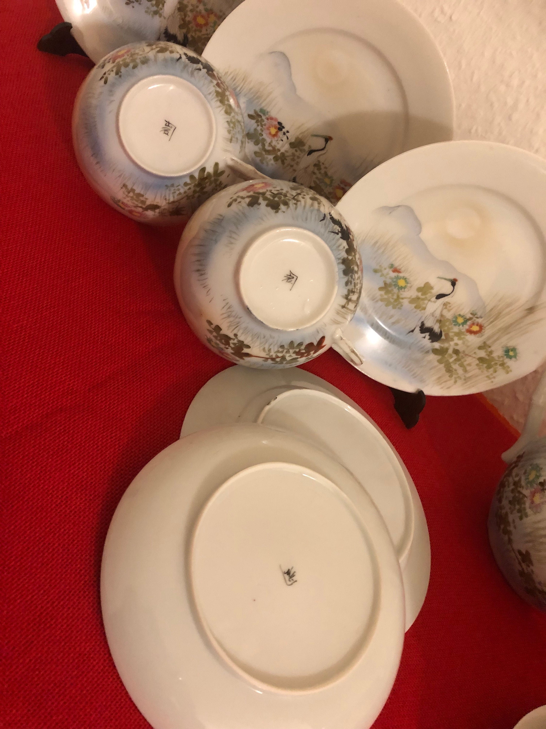 Beautiful Antique Kutani Tea Set, Handmade and Handpainted, Late Meiji, 19001920, Cranes