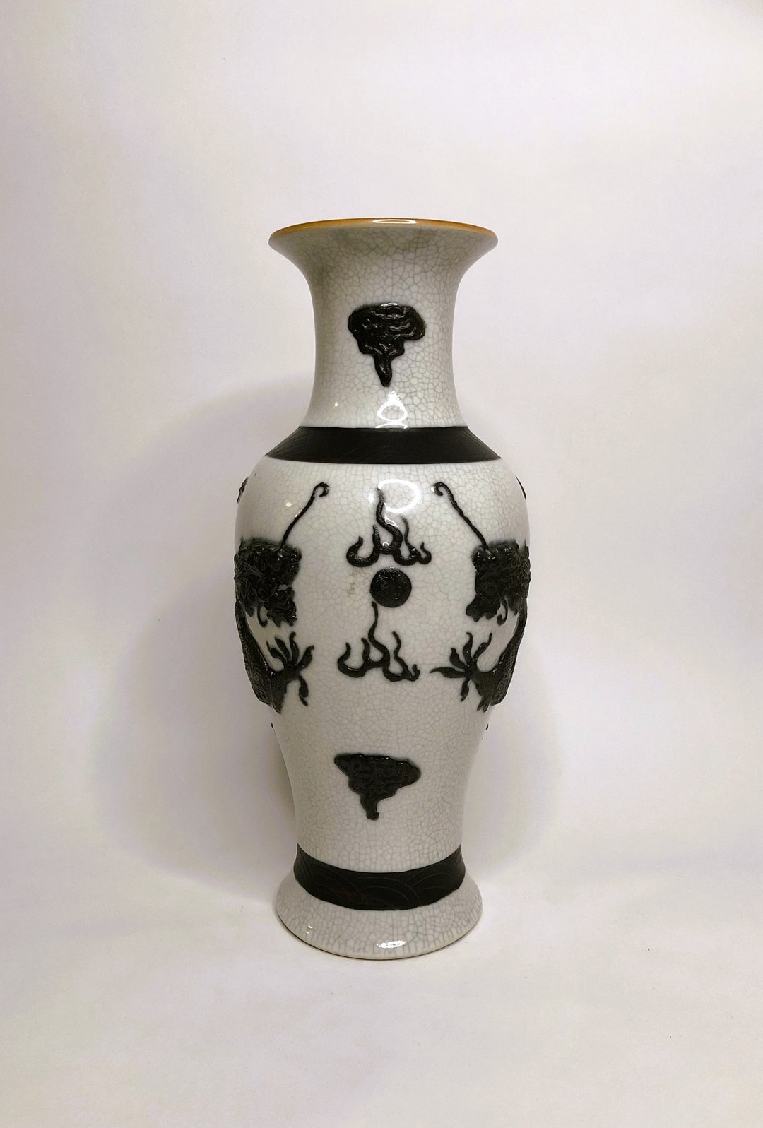 Antique Chinese Nanking Porcelain Vase, Dragons and Pearl, Crackle