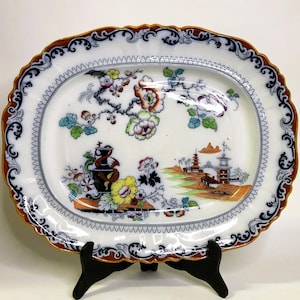 Large Antique Ironstone Platter with Chinoiserie Decor by Ashworth Bros, Hanley, Victorian Era, Staffordshire Pearlware, 1880s, W: 45 Cm