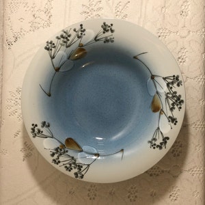 Può includere: Una ciotola in ceramica blu e bianca con un motivo floreale. La ciotola ha una glassa blu chiaro con un bordo bianco e un motivo floreale in nero e marrone.