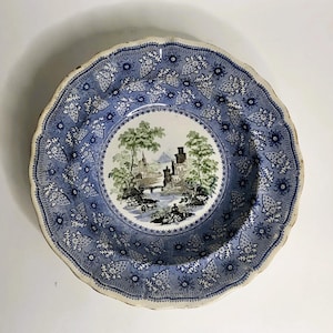Antique 1830s Stoneware Deep Dish, Transferware, Romantic Castles, Davenport Mark And Stamp, Good Condition, Collectible, W: 25 Cm
