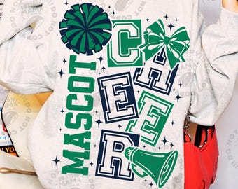 May include: A light gray crewneck sweatshirt featuring a graphic print in dark green and navy blue. The design includes the vertical text MASCOT, the word CHEER in block letters, a pom-pom, a hair bow, and a megaphone, accented with small stars.