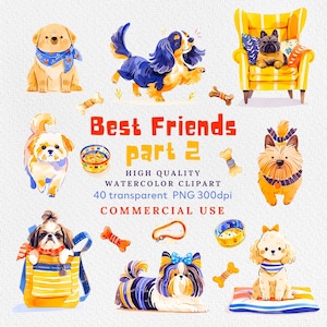 Watercolor Dogs Clipart, Pets Clip Art, Watercolor Animals, Puppies / Dog Breeds,  Dogs Clipart PNG, Dogs accessories clipart PNG.