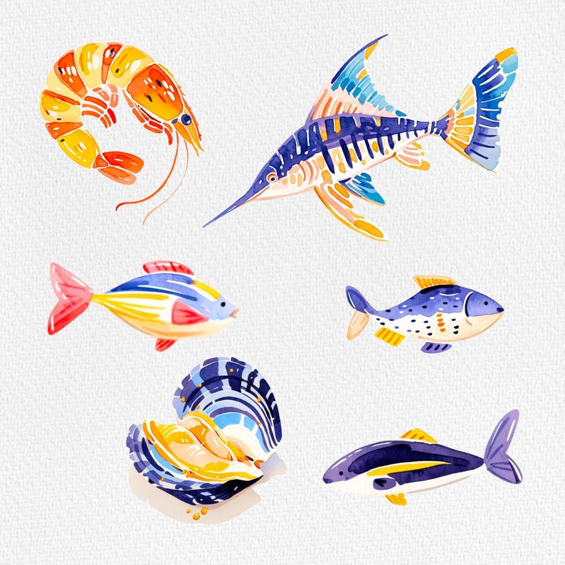 Pu&ograve; includere: Un'illustrazione ad acquerello di varie creature marine, tra cui un gambero, un pesce spada, un pesce blu, una vongola e un pesce piccolo. L'illustrazione &egrave; realizzata in uno stile fantasioso con colori vivaci.