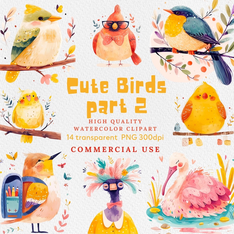 May include: A set of 14 watercolor illustrations of cute birds in various poses. The birds are depicted in a whimsical style with bright colors and detailed features. The illustrations are perfect for adding a touch of charm to any project.