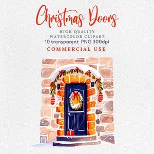Christmas Watercolor Clipart - Christmas Doors Clipart - Watercolor Clipart - Christmas Clipart - Invitation Clipart -Christmas Doors Scenes